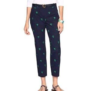 Talbots Curvy Fit Pants‎ Size 16 Ankle Navy Blue Green Palm Tree Embroidery